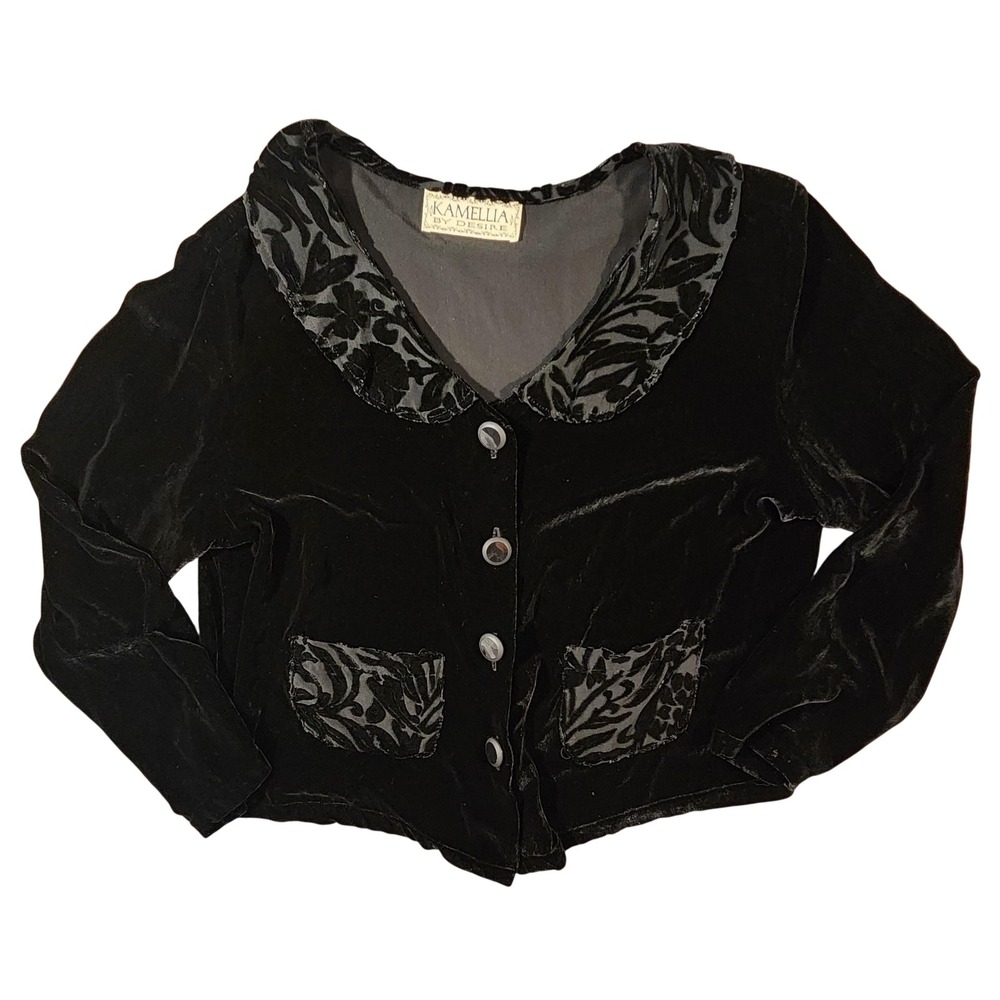 Vintage Kamellia Desire Jacket Womens Small Black Silk Velvet Burnout Made USA